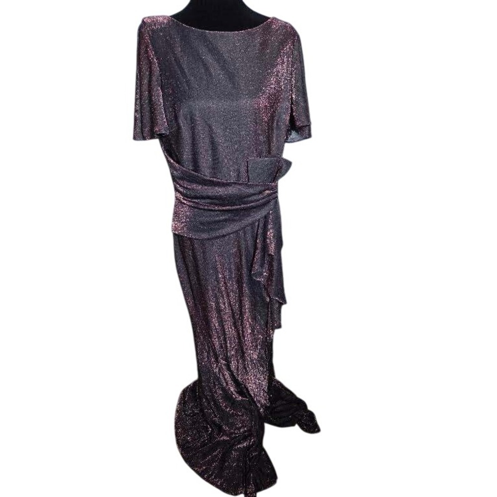 Betsy Adam Metallic Shimmer Draped Evening Gown Rose Gold Black Size 14